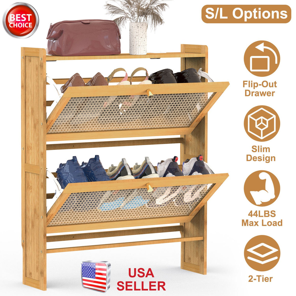 2-Tier Bamboo Shoe Cabinet with Flip Drawers for Entryway