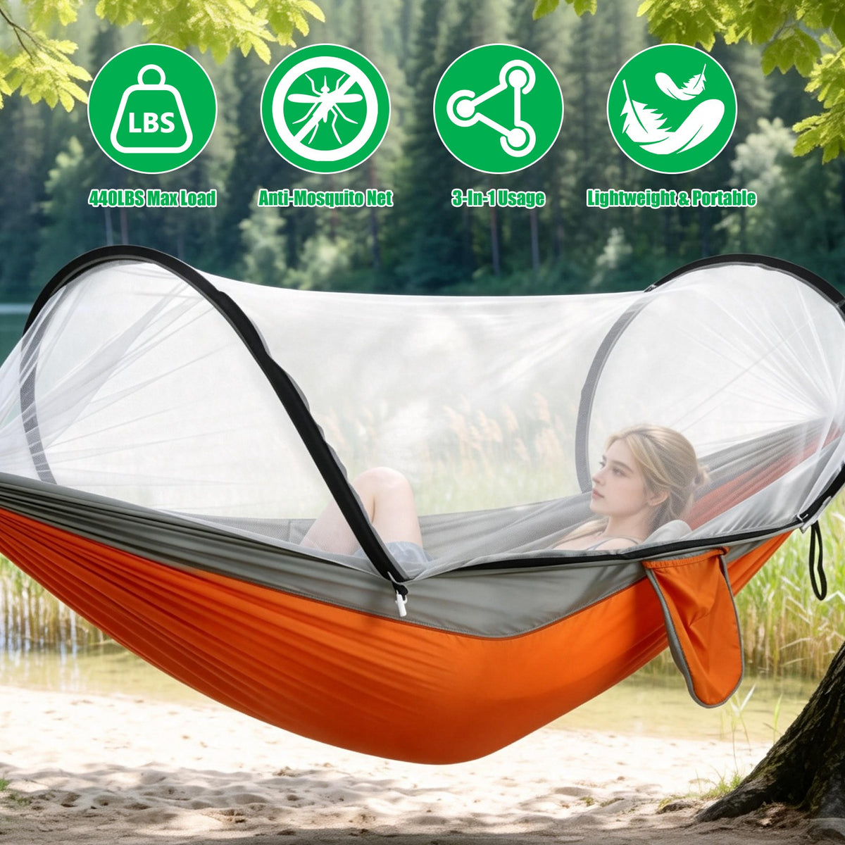 Camping Hammock with Mosquito Net 3-in-1 Portable 440lbs