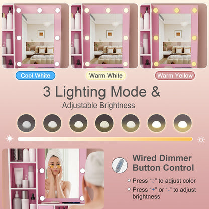 Vanity Desk Set with LED Lighted Mirror, Padded Stool, Power Outlet & Hair Dryer Holder, Compact Makeup Vanity for Small