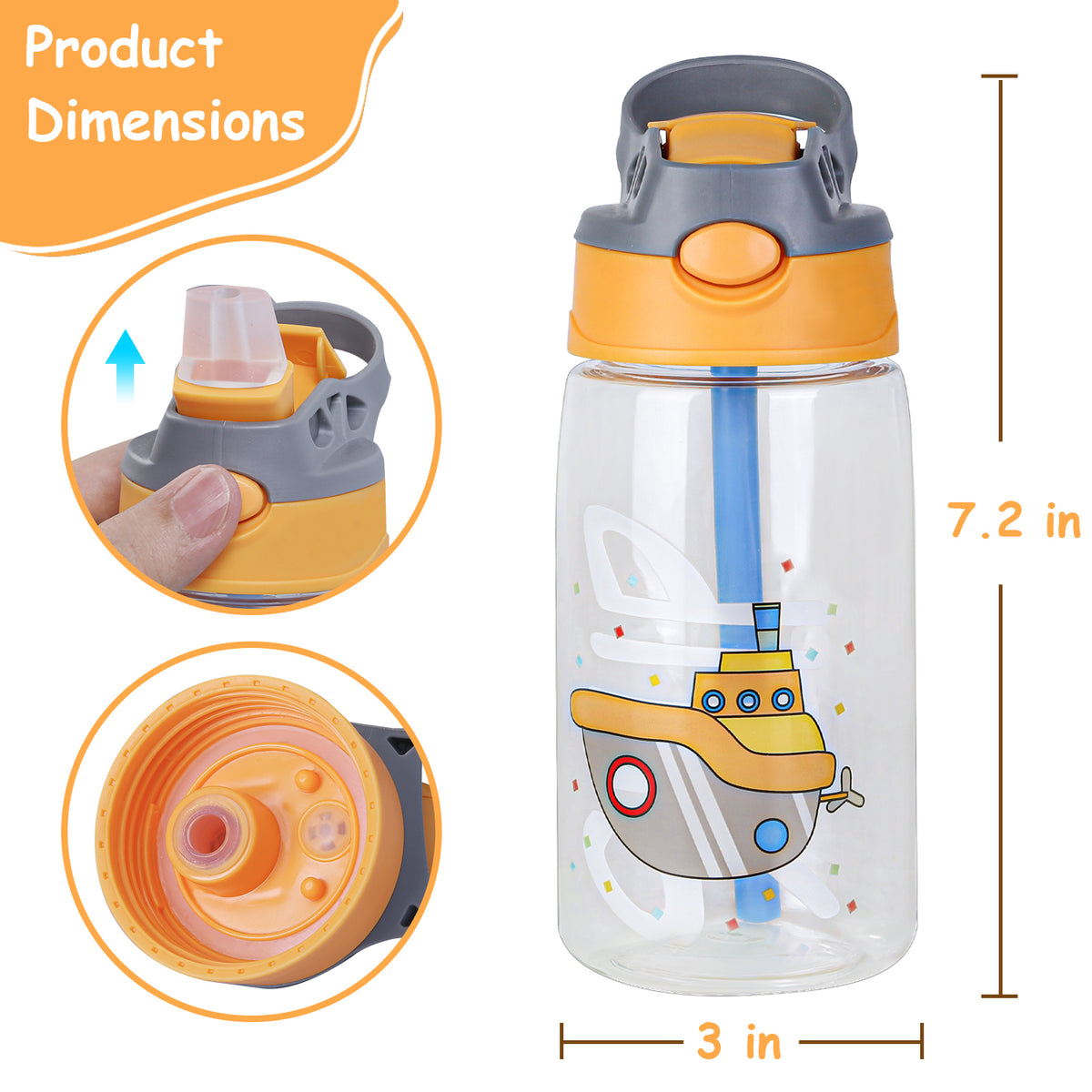 Kids Water Bottle with Straw 16.2oz Leak-Proof Push Button