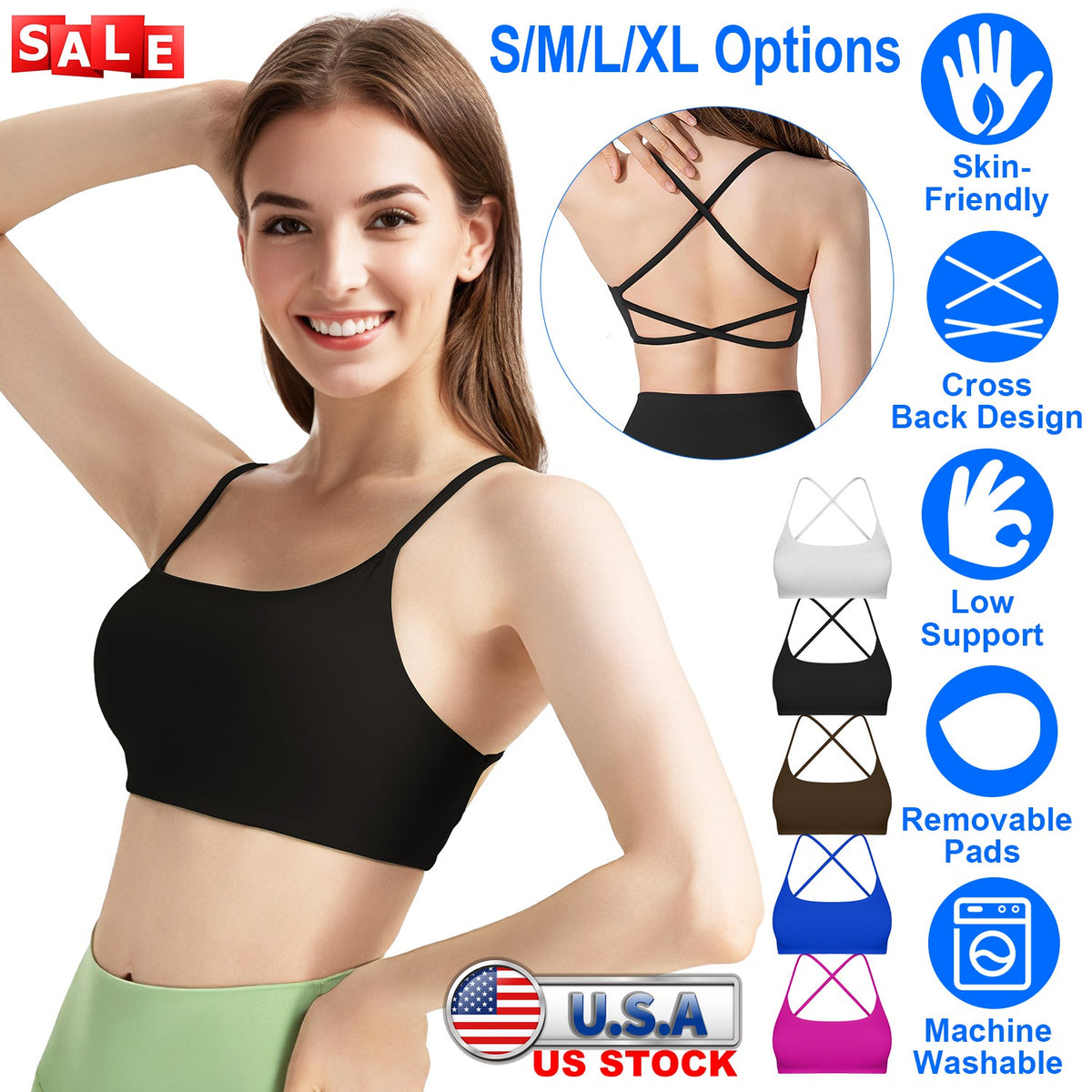 Women Cross Back Sport Bras Padded Strappy Crop Open Back Low Impact Bras Sexy Fitness Tank Tops with Removable Pads Thin Straps for Gym Yoga Workout