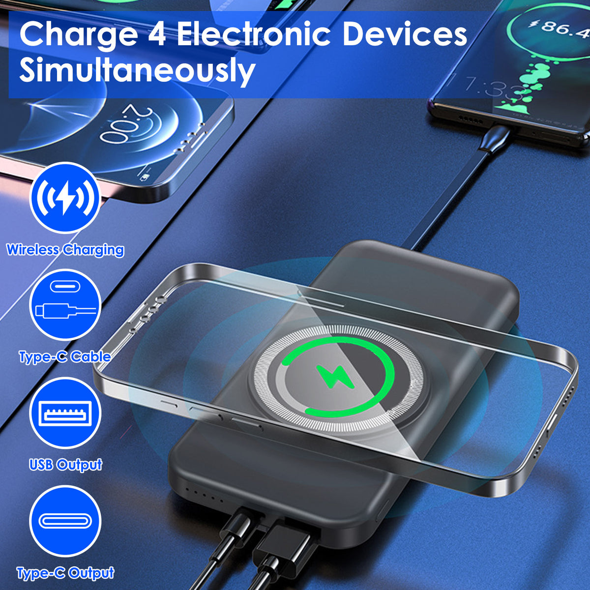 10000mAh Magnetic Wireless Power Bank with Built-In Cable