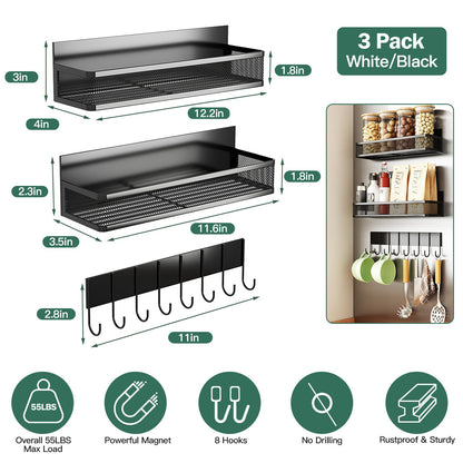 Magnetic Spice Rack 3-Pack with Hooks for Fridge Storage