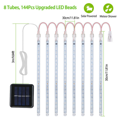 Solar Meteor Shower String Lights 8 Tubes 144 LED Waterproof