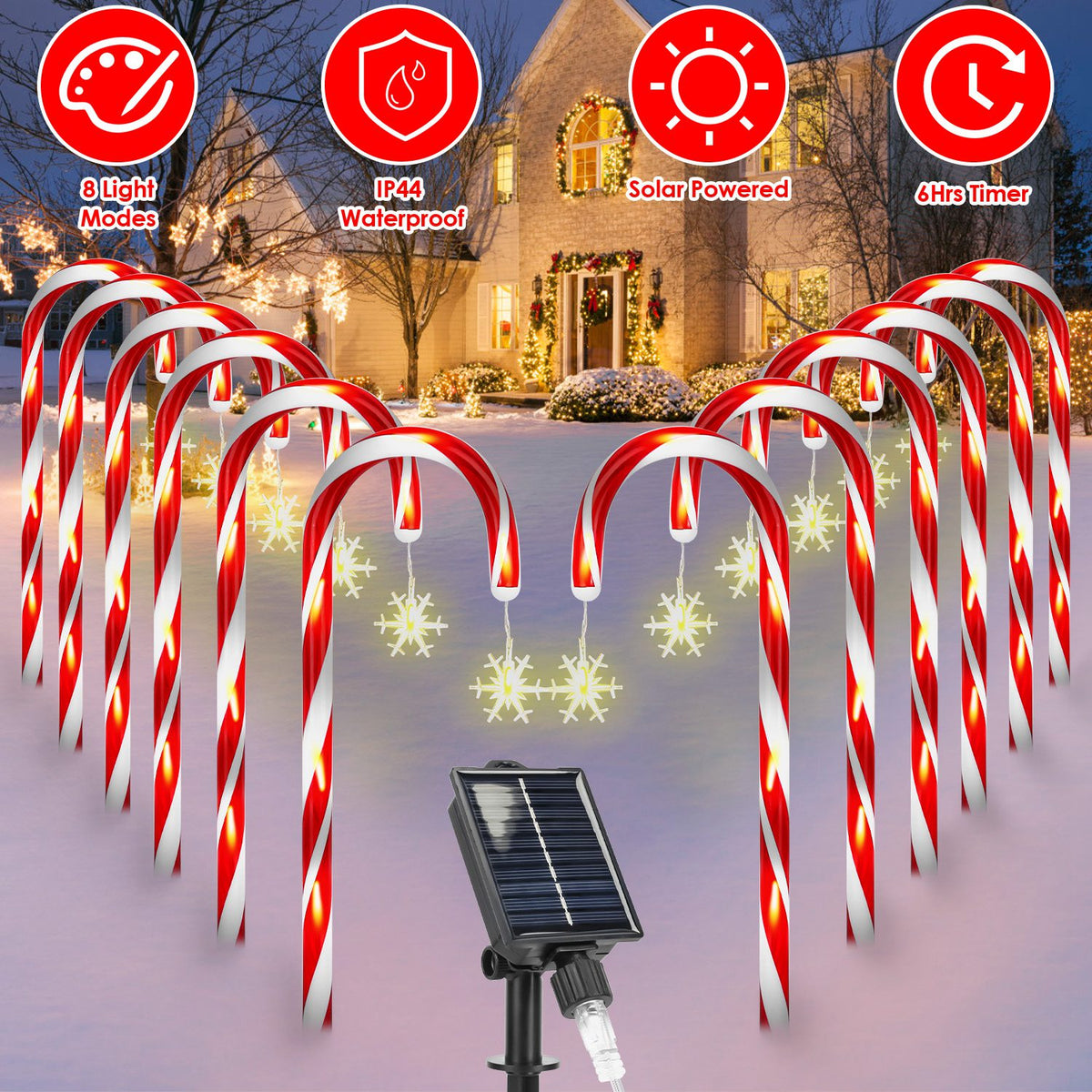 Solar Candy Cane Christmas Lights - 12 Canes, 72 LEDs, 8 Modes