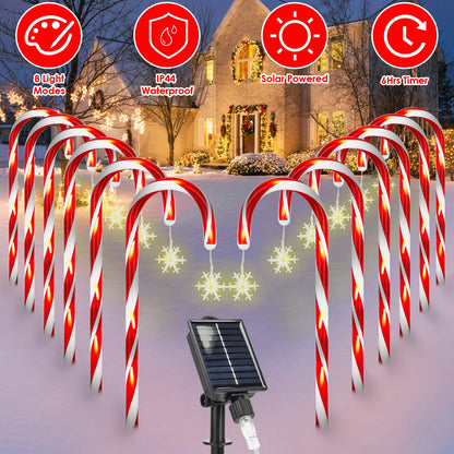 Solar Candy Cane Christmas Lights - 12 Canes, 72 LEDs, 8 Modes