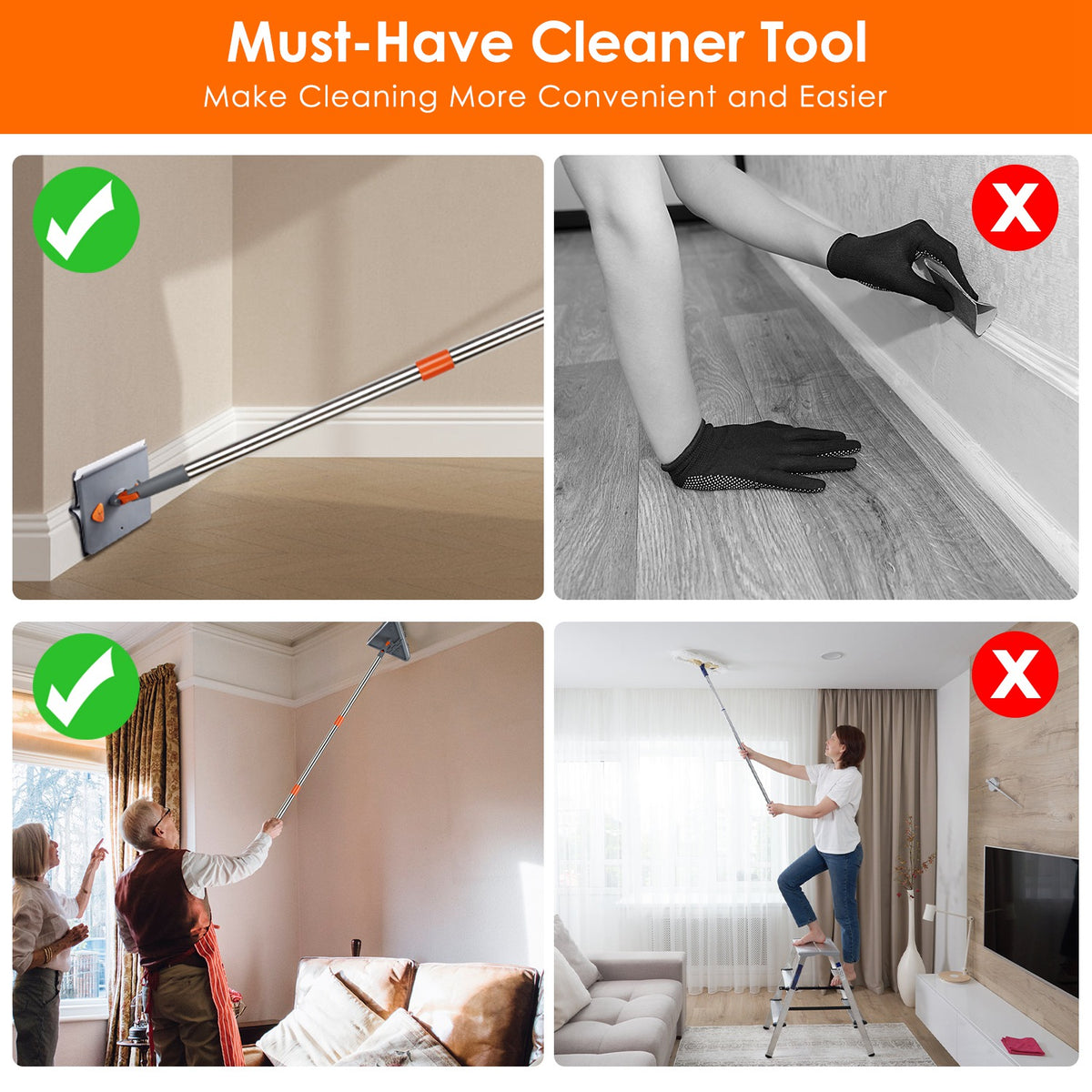 Baseboard Cleaner Mop with Extendable Handle & 8 Reusable Pads
