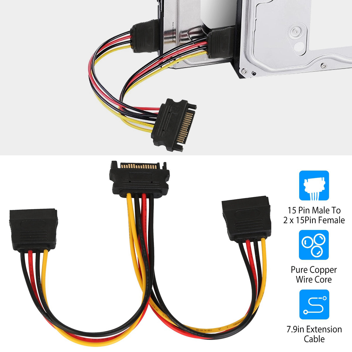 15-Pin SATA Power Y Splitter Cable Adapter - 7.9 Inch