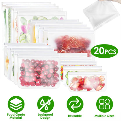 Reusable Food Storage Bags Set of 20 - Leakproof PEVA Freezer Bags