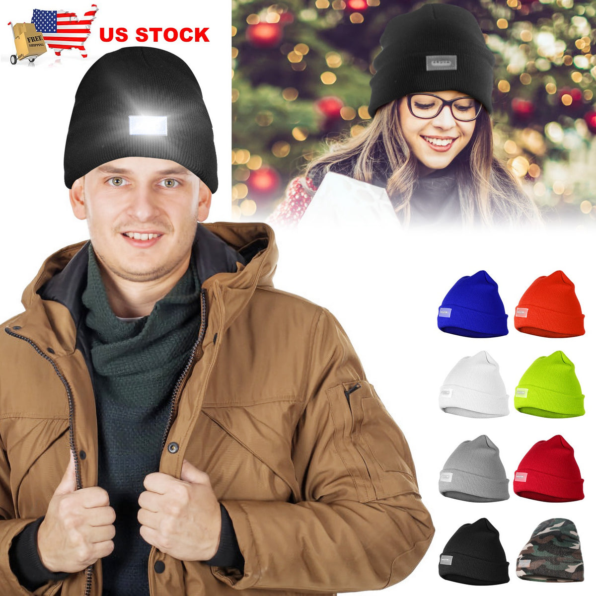 LED Knitted Beanie with Built-In Headlamp for Hands-Free Light