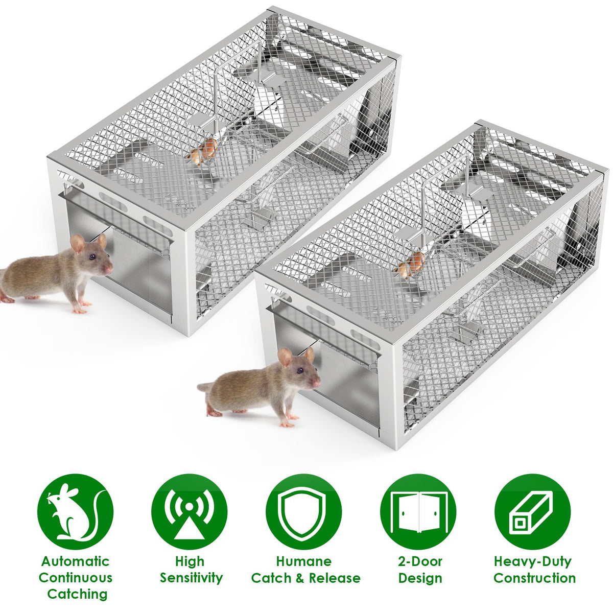 2-Pack Humane Rat Trap with Dual-Door Continuous Catch