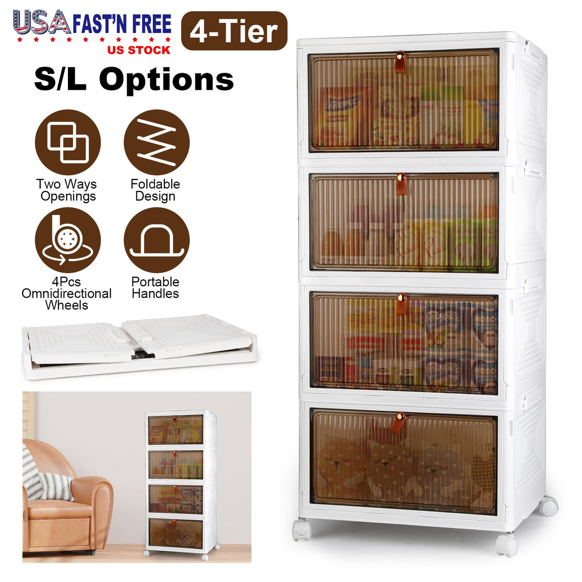 4-Tier Stackable Storage Bins with Wheels and Magnetic Door