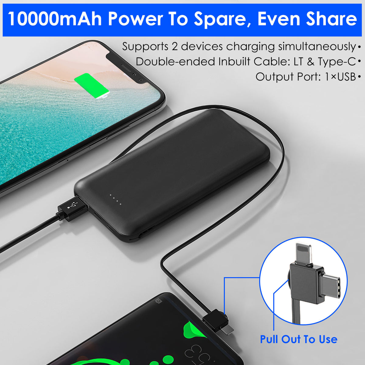 10000mAh Portable Power Bank with Built-In Cables