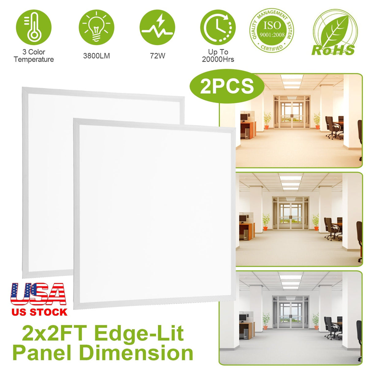 2Pcs 72W 2 2FT LED Panel Light 3800LM Flat Ceiling Light with 3 Lighting Color Temperature Equivalent LED Troffer Recessed Edge-Lit Switchable CCT 110