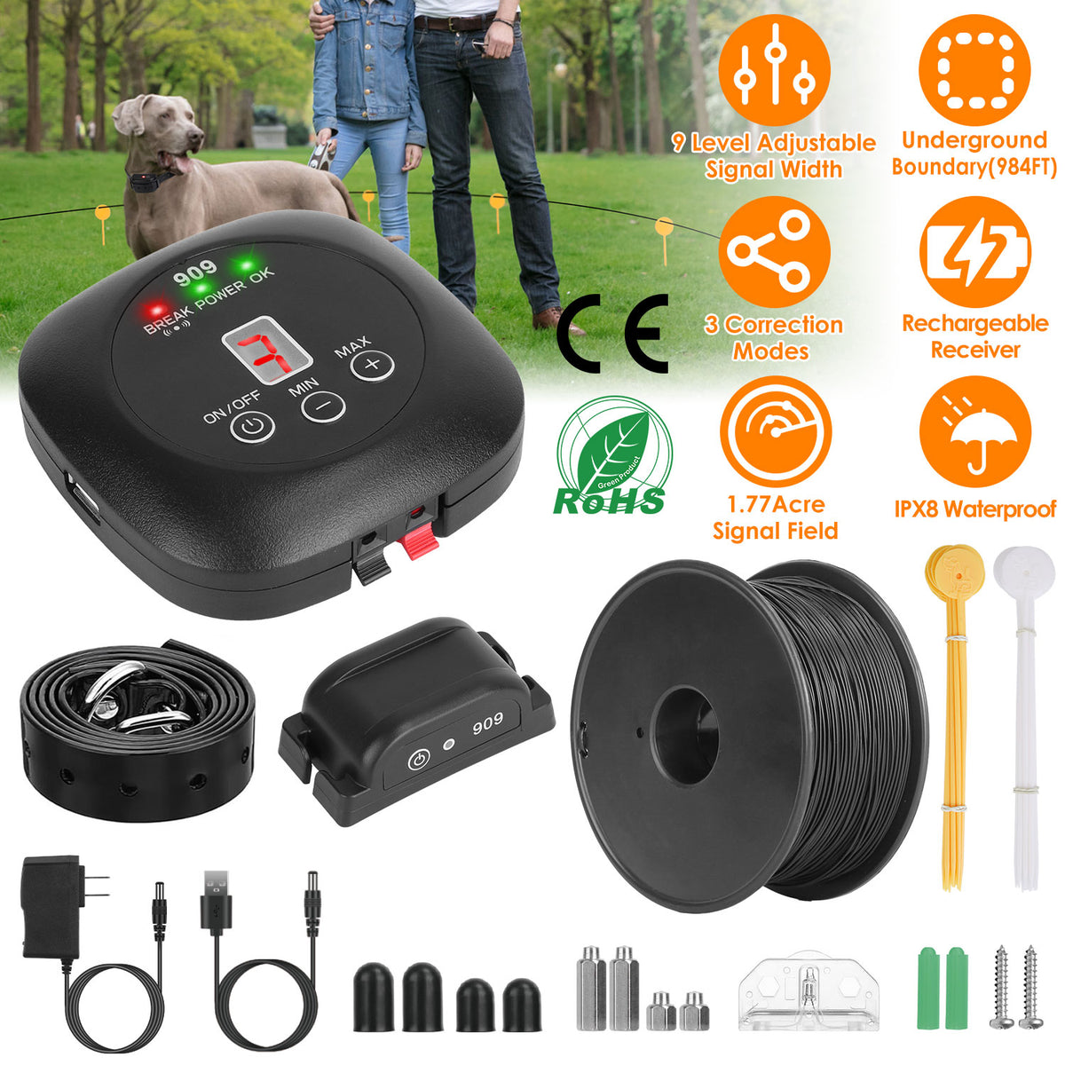 Underground Dog Fence System with Waterproof Rechargeable Collar