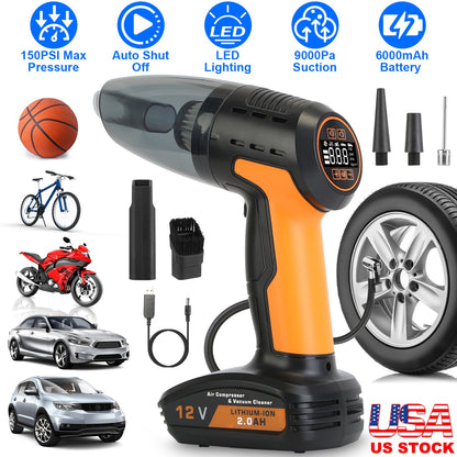4-in-1 Cordless Car Vacuum Cleaner & Tire Inflator with LED