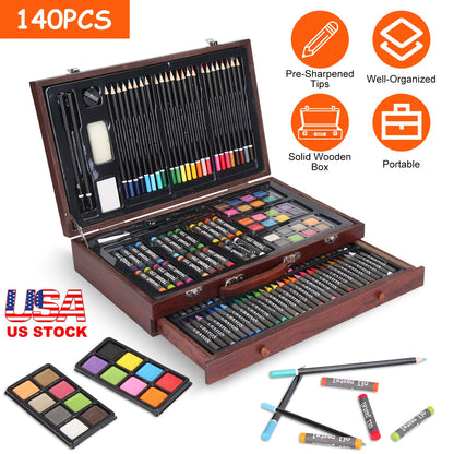 140-Piece Art Supply Set in Wooden Box with Pencils & Paints