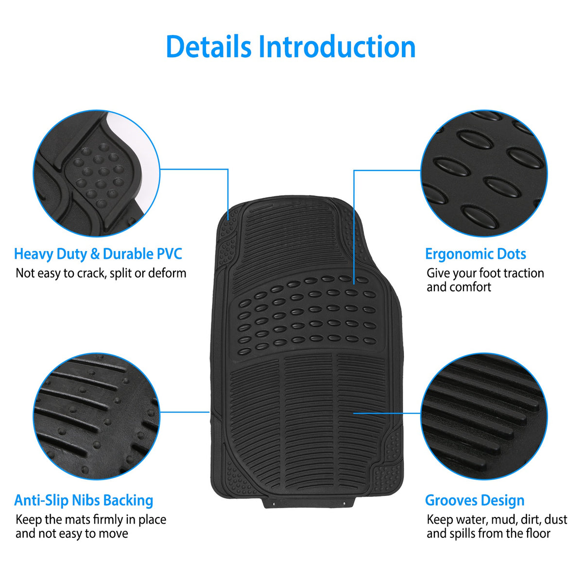 Car Floor Mats Set 3-Piece Heavy Duty PVC Rubber Trimmable