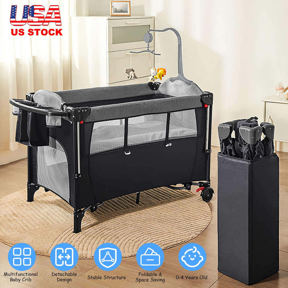 6-in-1 Foldable Baby Crib with Changing Table & Activity Center