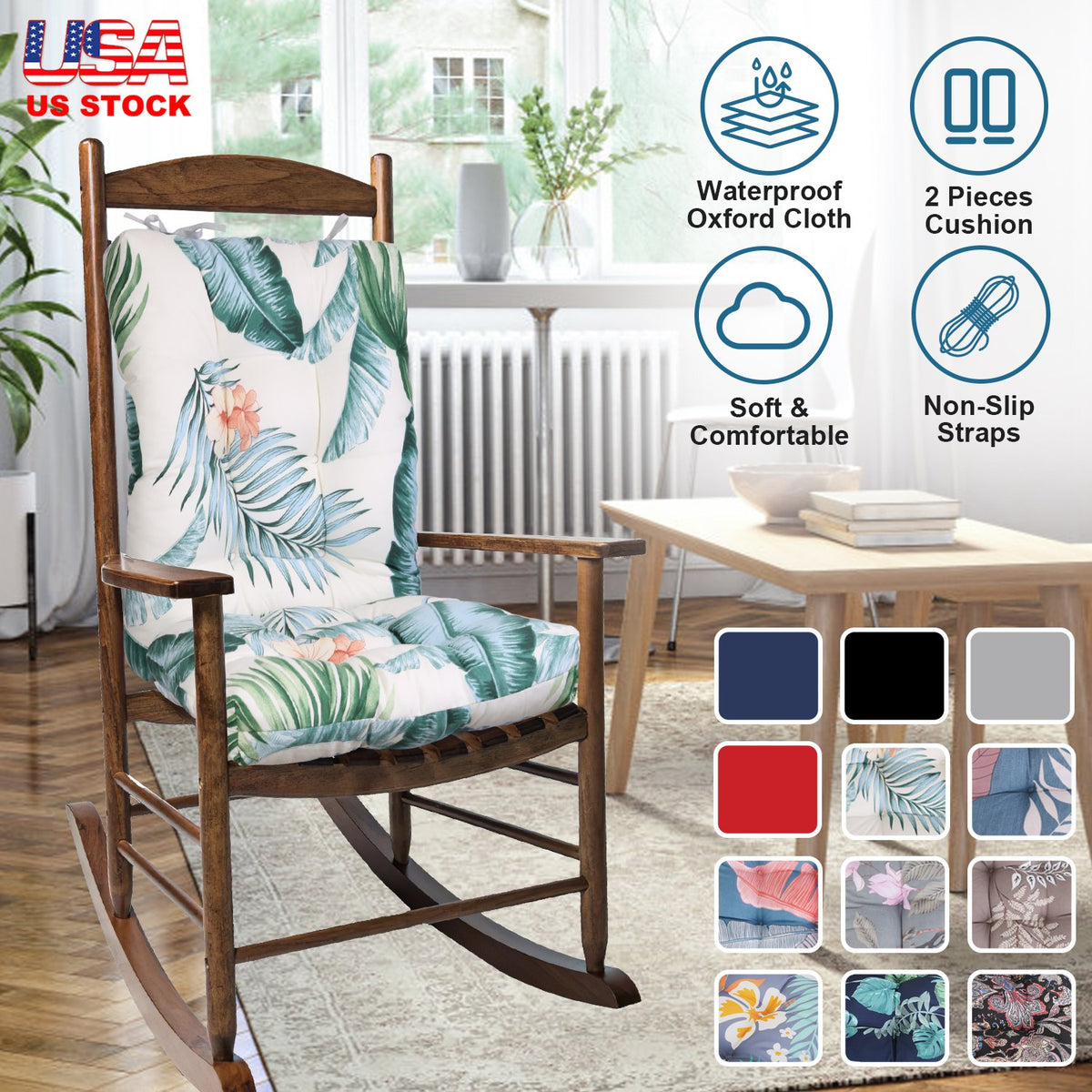 Rocking Chair Cushion Set with Non-Slip Ties - 2 Piece