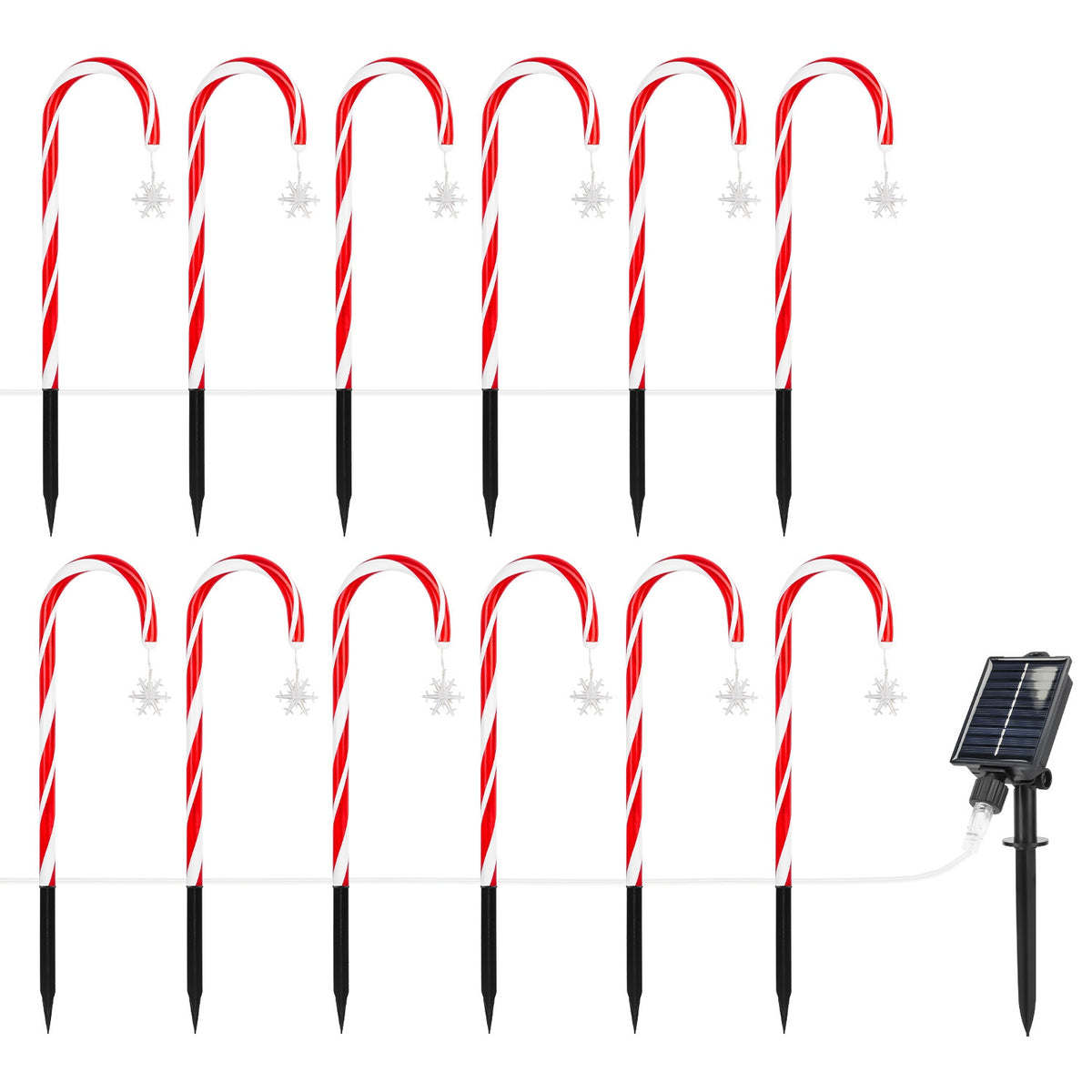 Solar Candy Cane Christmas Lights - 12 Canes, 72 LEDs, 8 Modes