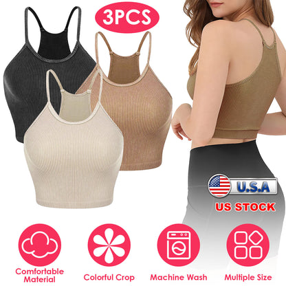 3 Pack Women Crop Basic Tank Top Ribbed Knit Sleeveless Round Neck 9 Color Machine Wash Summer Crop S to XL