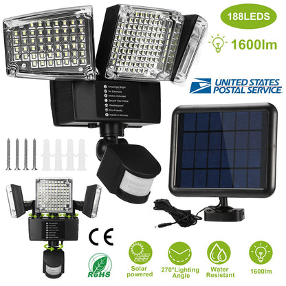 Solar Motion Sensor Light 188 LEDs 1600lm with 3 Rotatable Heads