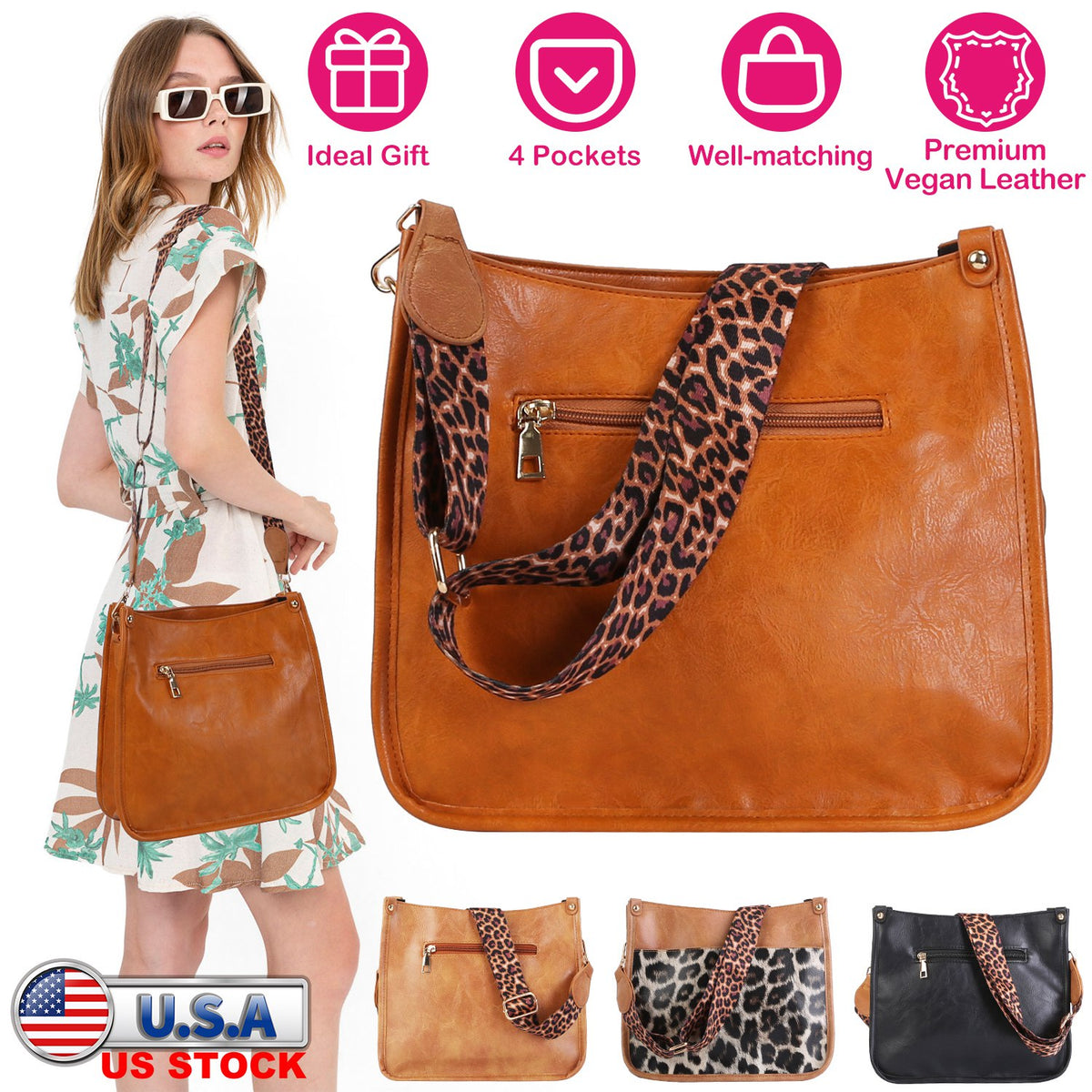 Women Fashion Leather Crossbody Bag Shoulder Bag Casual Handbag with Flexible Wearing Styles Adjustable Guitar Strap