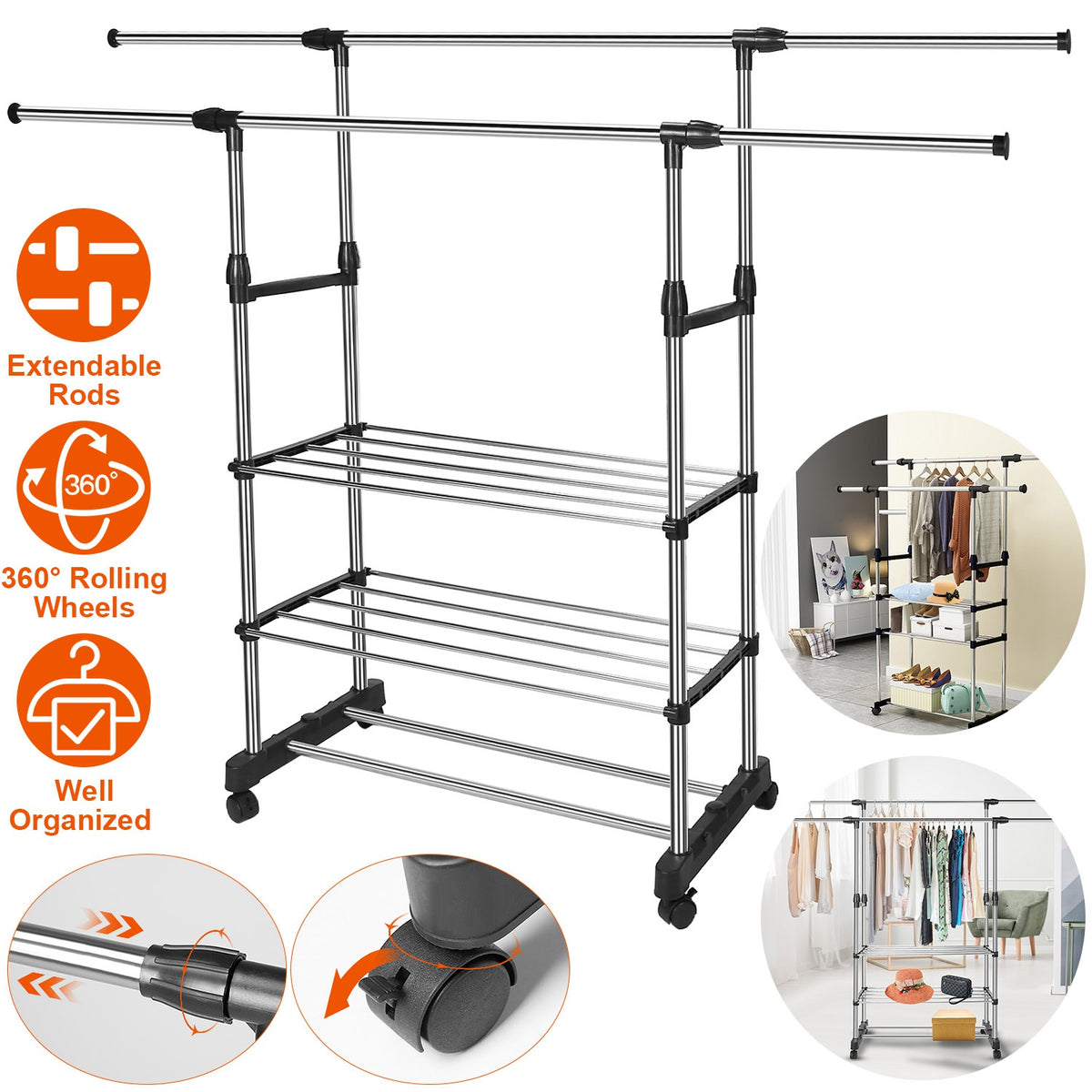 Extendable Garment Rack with Wheels - Adjustable Clothing Rail