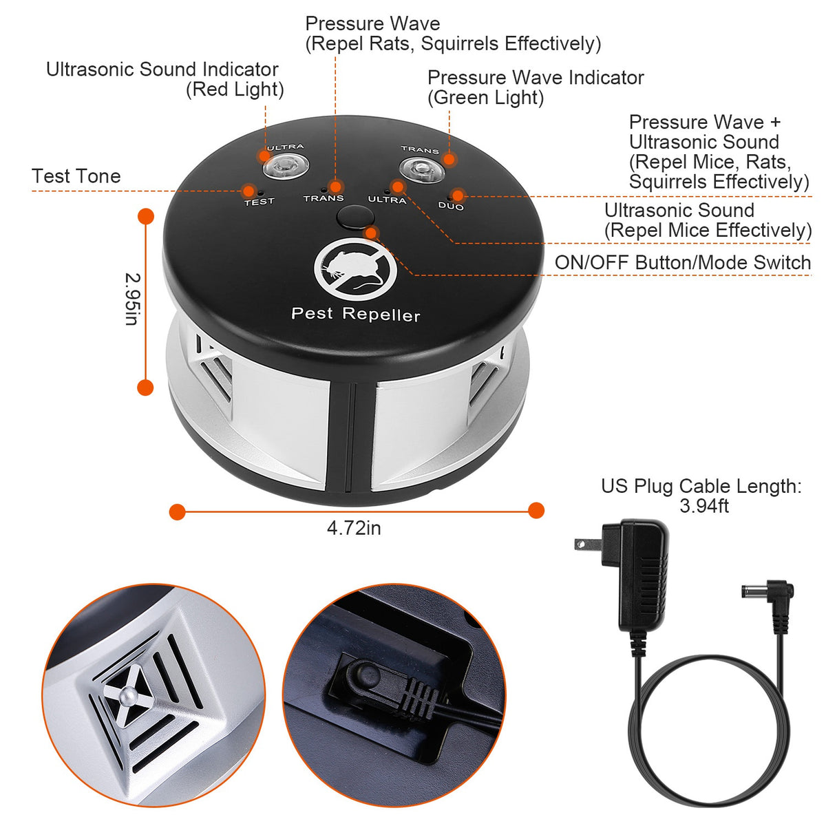 Ultrasonic Pest Repeller with 4 Modes for Indoor Use