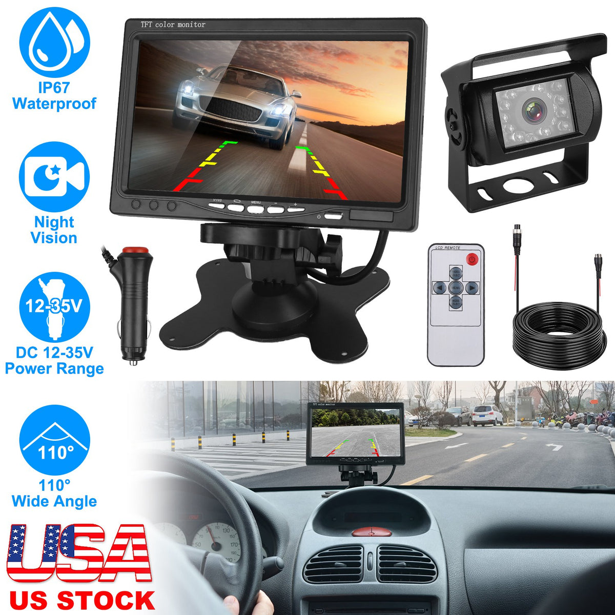 7 Inch Backup Camera System with Night Vision & IP67 Waterproof