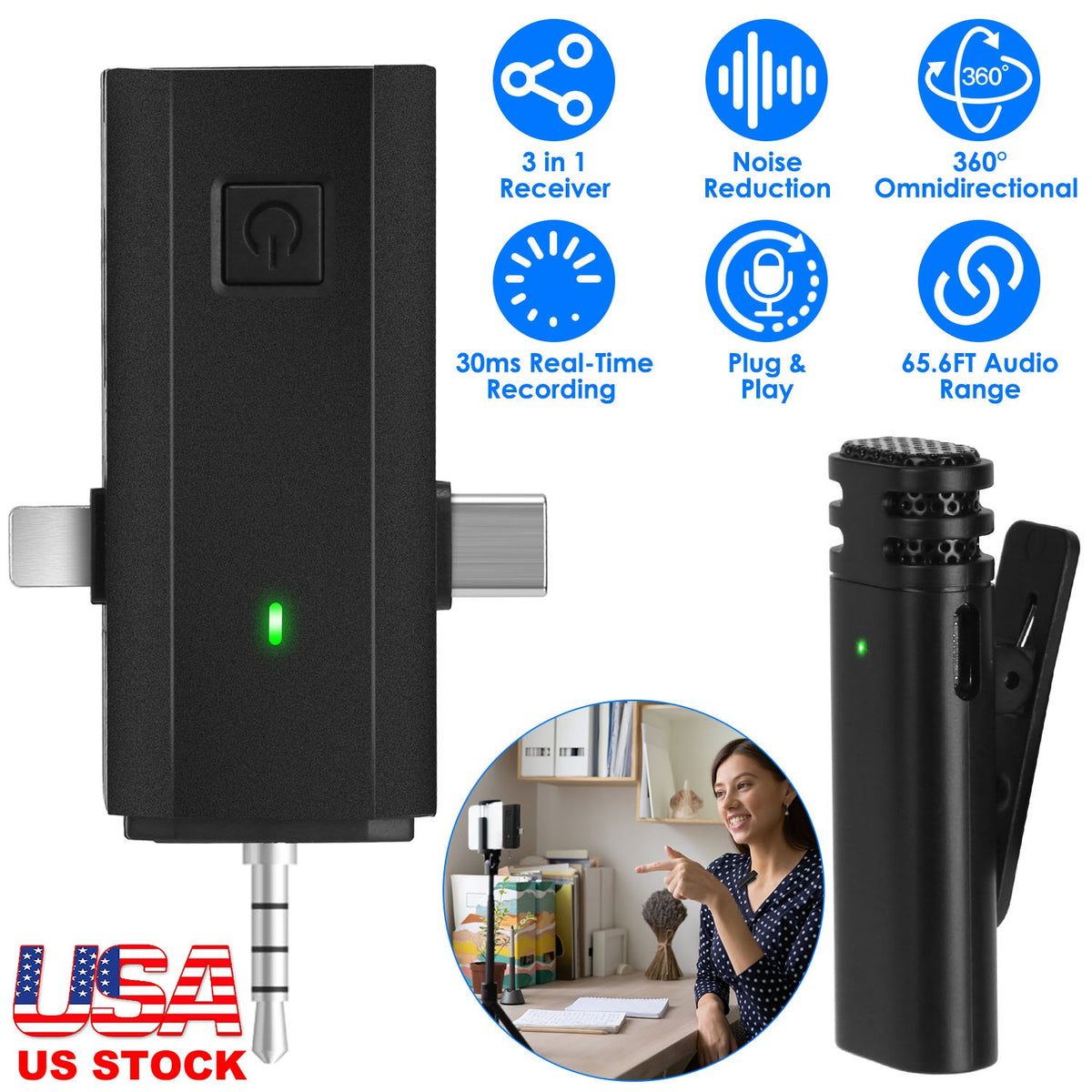 Wireless Clip-On Microphone with 3-in-1 Receiver