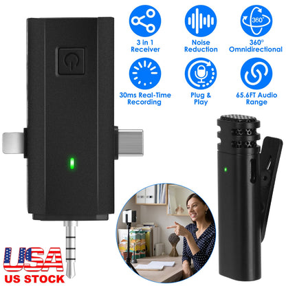 Wireless Clip-On Microphone with 3-in-1 Receiver