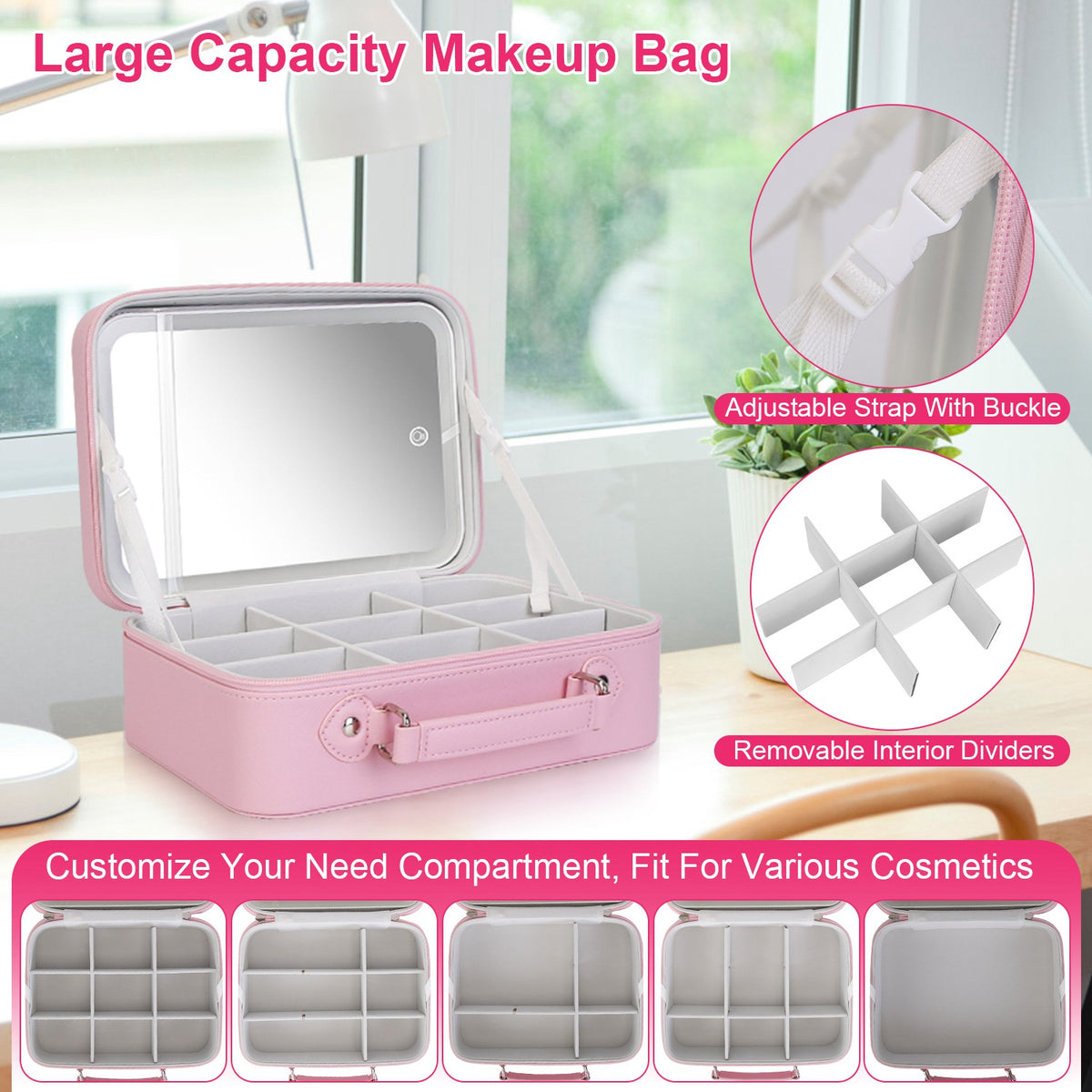Travel Makeup Bag With 3 Light Colors Dimmable Brightness LED Mirror Detachable 10X Magnifying Mirror Adjustable Dividers Portable Waterproof Cosmetic