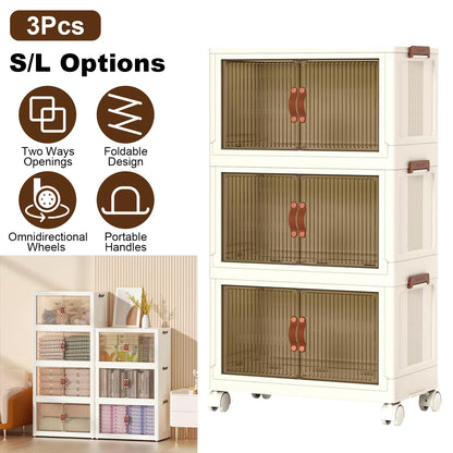Foldable Storage Bins with Lids & Wheels - 3 Pack Stackable