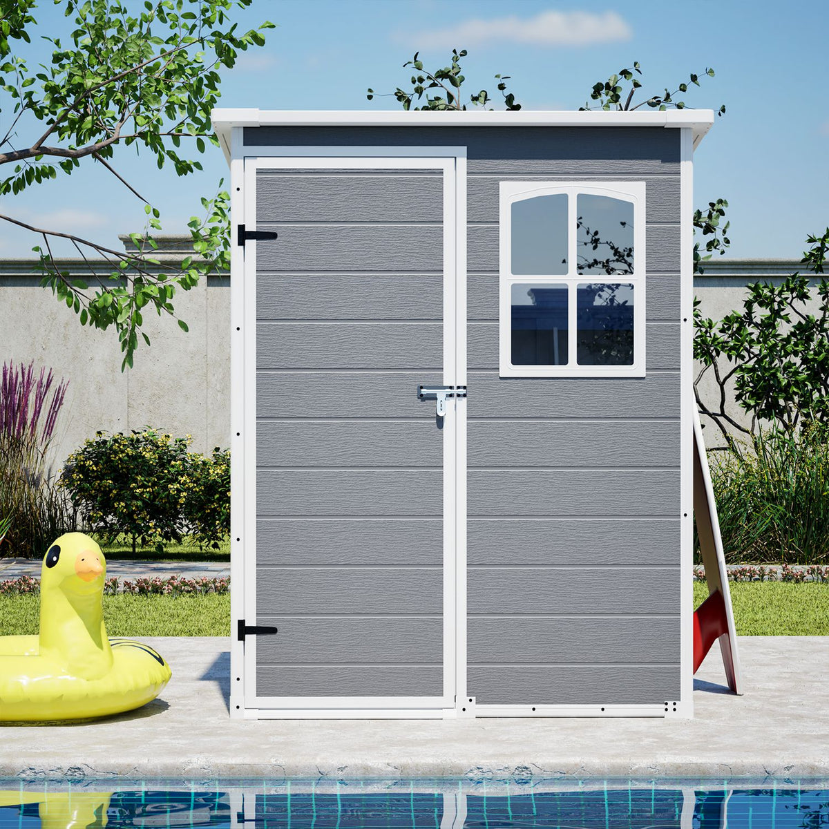 5x3FT Resin Outdoor Storage Shed with Floor Lockable Garden Shed with Window Sloped Roof Weather-Resistant Tool Shed for