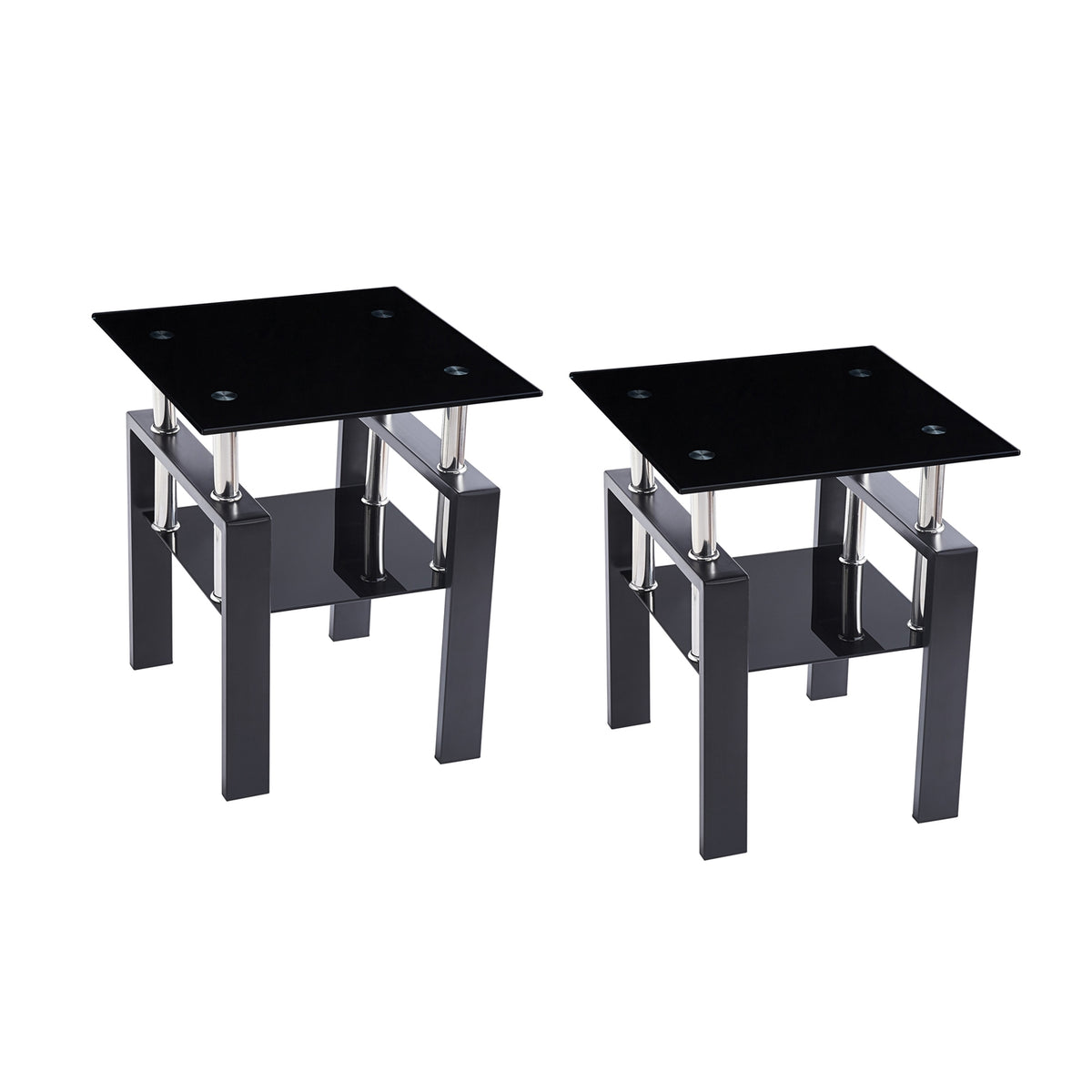 2Pcs Tempered Glass Sofa Table, 2-Tier Black End Table with Powder-Coated Iron Frame, Modern Glass Side Table for Living