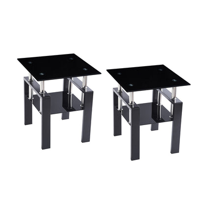 2Pcs Tempered Glass Sofa Table, 2-Tier Black End Table with Powder-Coated Iron Frame, Modern Glass Side Table for Living