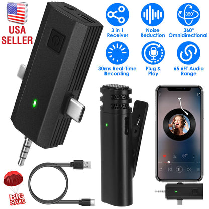 Wireless Clip-On Microphone with 3-in-1 Receiver