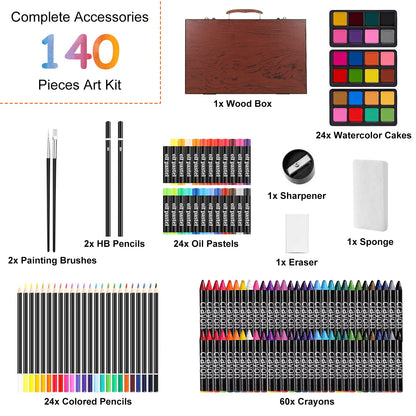 140-Piece Art Supply Set in Wooden Box with Pencils & Paints