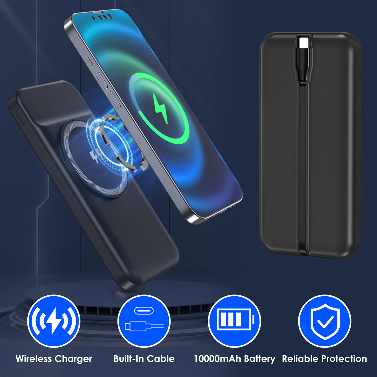 10000mAh Magnetic Wireless Power Bank with Built-In Cable