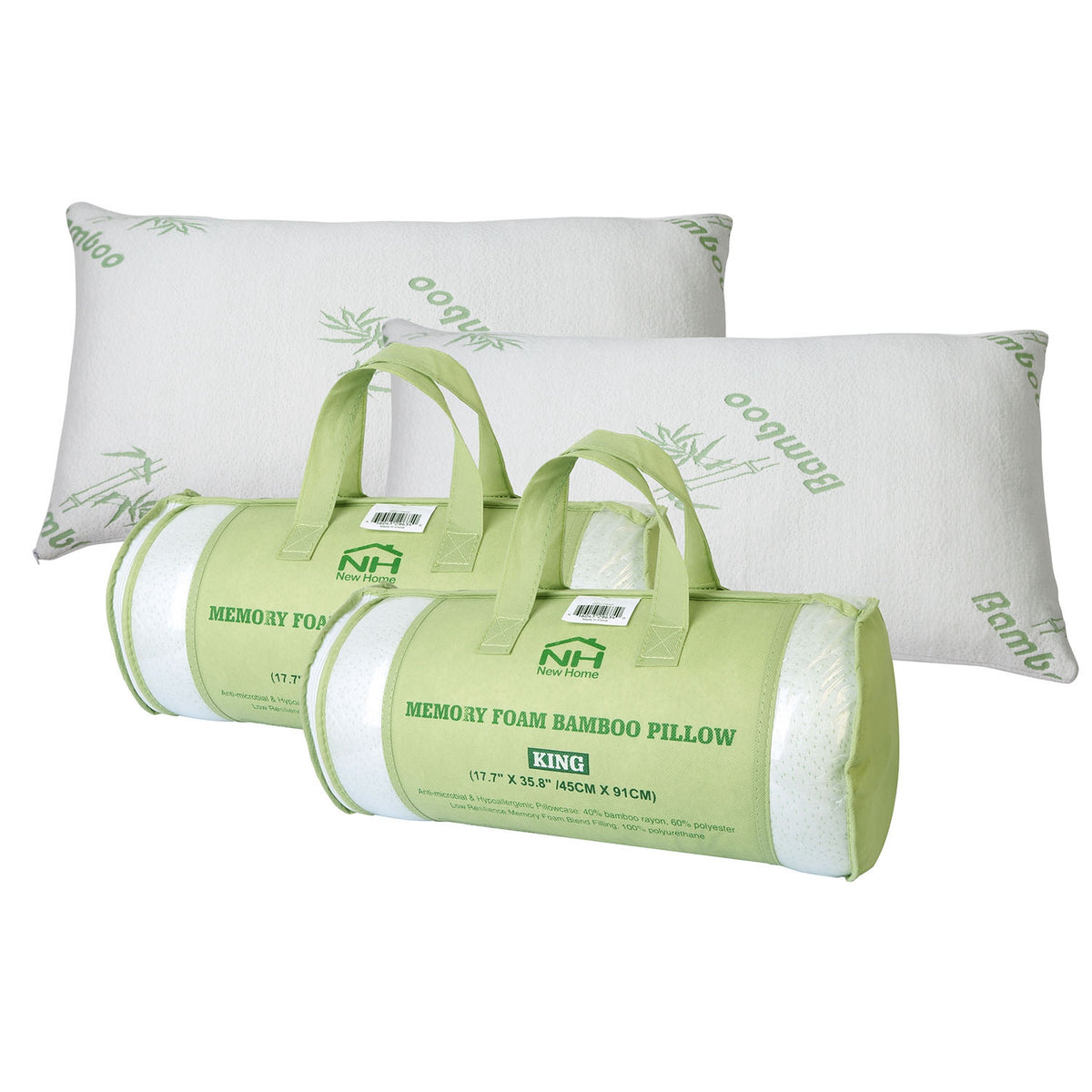 Memory Foam Pillow Set with Bamboo Cover - Queen Size (2-Pack)