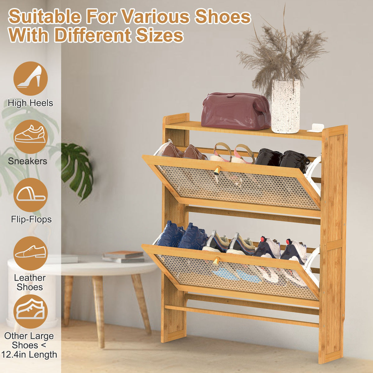 2-Tier Bamboo Shoe Cabinet with Flip Drawers for Entryway