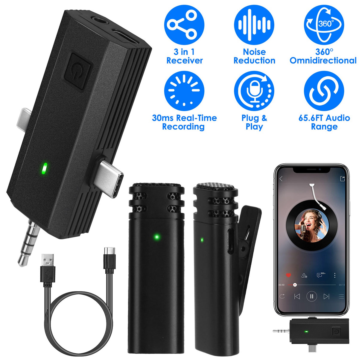 Wireless Clip-On Microphone with 3-in-1 Receiver