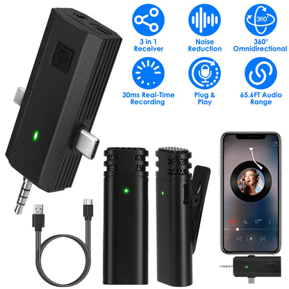 Wireless Clip-On Microphone with 3-in-1 Receiver