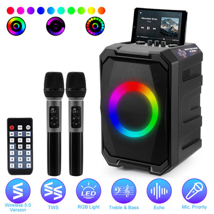 Portable Wireless Party Speaker with LED Lights & 2 Mics