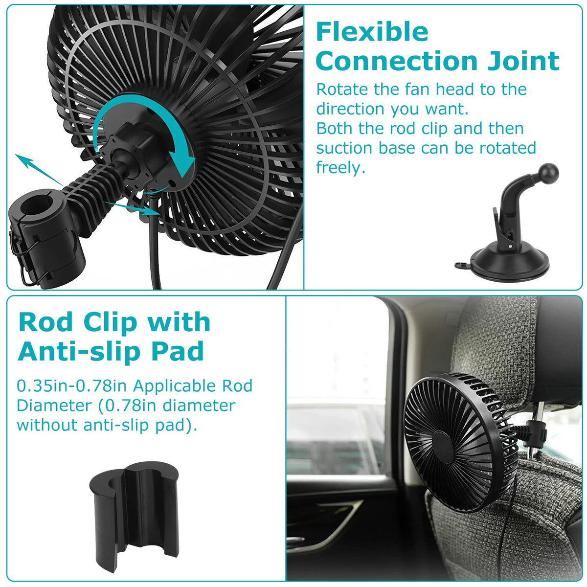 Car Cooling Fan USB Powered with 3 Speeds & Dual Mount