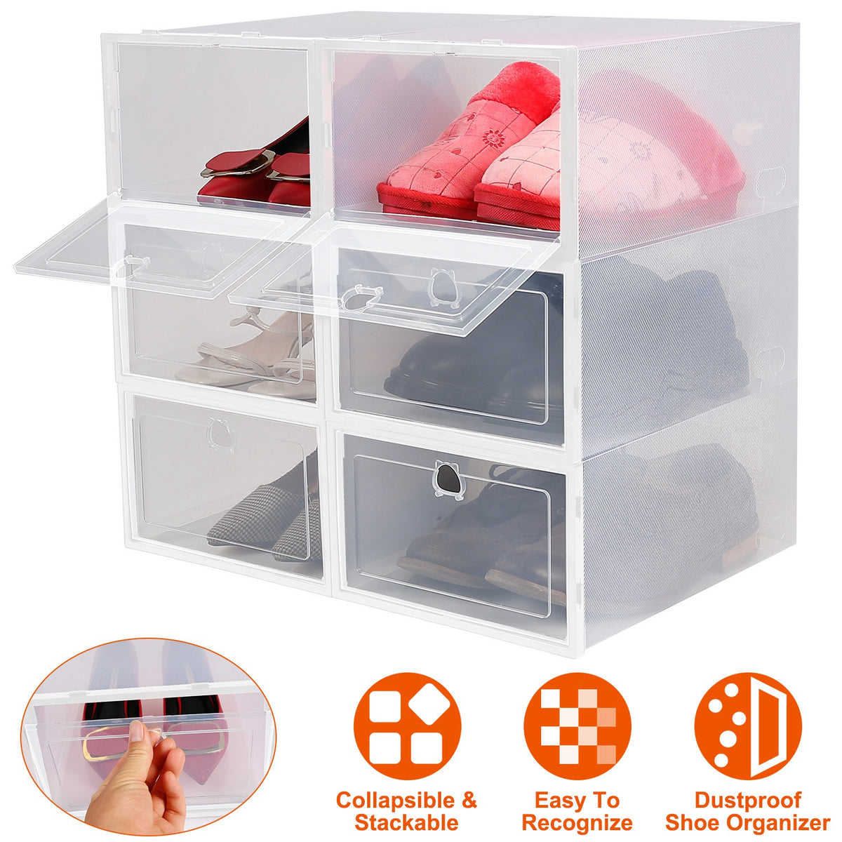 Collapsible Shoe Storage Boxes - Stackable Clear Organizer (6-Pack)