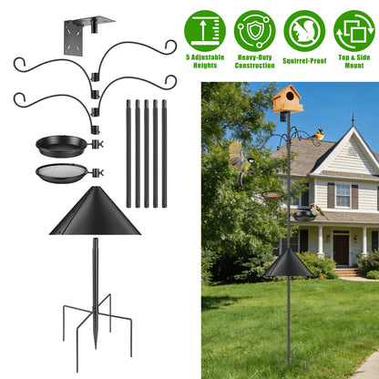 94Inch Squirrel Proof Bird Feeder Pole Heavy-Duty Bird House Pole Outdoor Bird Feeding Station with 5 Adjustable Heights 4 Shepherd Hooks Top & Side