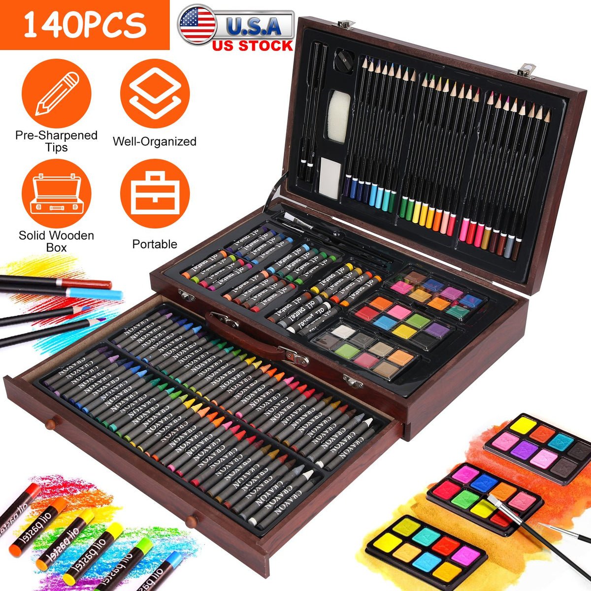 140-Piece Art Supply Set in Wooden Box with Pencils & Paints
